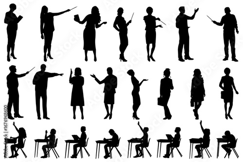 Back to school. Silhouettes of teacher and  students at their desks on white background. Vector illustration.	
