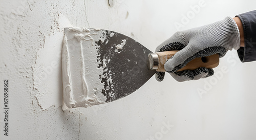 A gloved hand skillfully applies plaster to a wall using a putty knife.