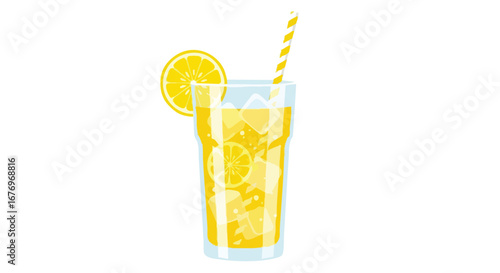Refreshing lemonade illustration with lemon slice and striped straw, perfect for summertime hydration and cheerful beverage concepts