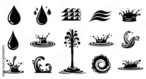 Water drop and splash icons in a black and white vector set, perfect for liquid, motion, and droplet designs.