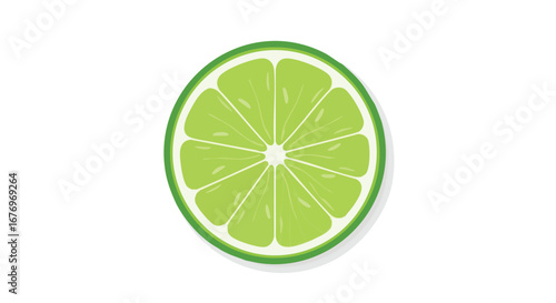 A vibrant lime slice illustration against a stark white backdrop, showcasing a burst of citric freshness with its radiating segments and shadowed edge