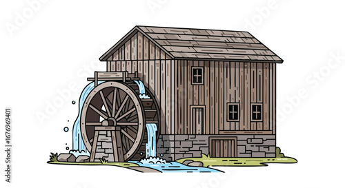 Idyllic watermill drawing, embodying rustic charm, with a vintage aesthetic, and conveying a sense of serenity amidst flowing water and natural beauty