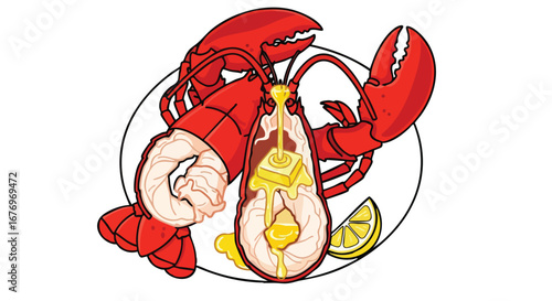 Illustration of a Delicious Lobster with Melted Butter and a slice of lemon, served on a White Plate waiting to be Eaten