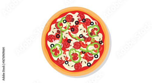 Delicious pizza pie featuring pepperoni olives green peppers and white mushrooms illustration showcasing vibrant colors and appetizing toppings