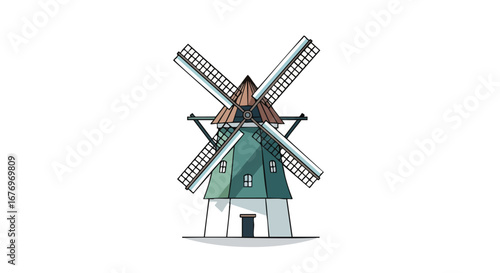 Stylized windmill illustration with traditional design elements against a clean white background adding a whimsical touch to a classic architectural