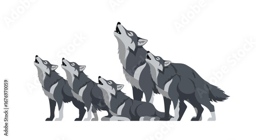 Symphony of the wild, an illustration of a wolf pack in harmony, their voices echoing across the pristine white canvas portraying unity and survival