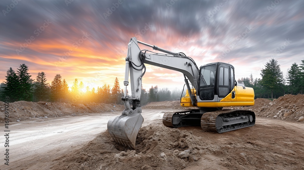 Obraz premium Excavator working on construction site at sunset in a forested area