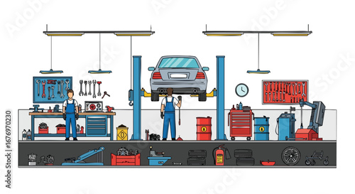 Automotive repair shop interior with mechanic working under a car on a lift cartoon styled illustration showcasing a garage environment with various