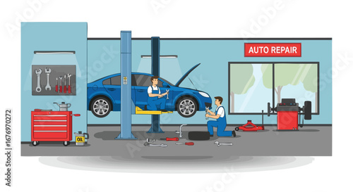 Illustration depicting auto mechanics performing maintenance on a vehicle inside a repair shop, emphasizing automotive expertise and care during the