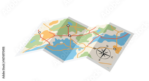 Stylized Travel Map with Compass Rose Depicting Terrain and Route Markings for Exploration Adventure