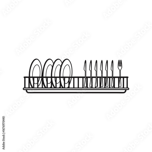 Dish Rack Arrangement: A minimalist monochrome illustration showcases an orderly array of plates and cutlery in a dish rack. The clean design speaks to kitchen organization and domestic order.