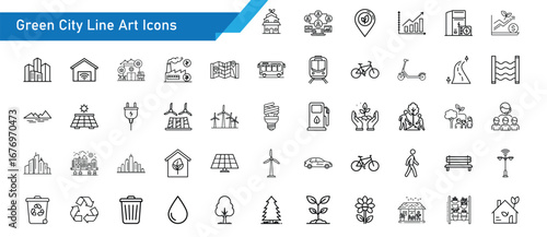 Green City Line Art Icons – 50 Eco - Friendly Vector Icons of Sustainable Living, Renewable Energy, and Smart City Design