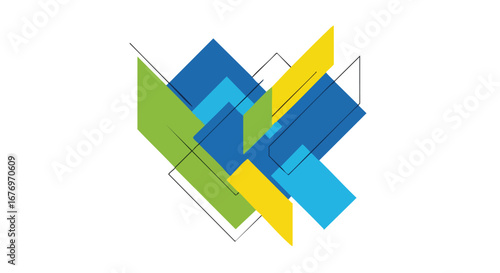 Dynamic geometric arrangement with overlapping forms creating a visually captivating and vibrant abstract artwork showcasing modern design principles