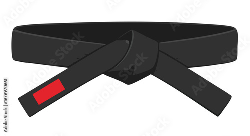 A symbolic black martial arts belt, representing dedication and mastery with a red tag, isolated on a clean white canvas, perfect for graphic