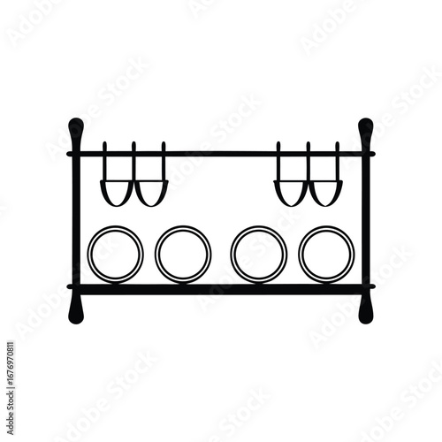 Elegant Gymnastic Rings and Plates on a Rack: Simple and stark graphic. This minimalistic illustration showcases a neat arrangement of gymnastic equipment.
