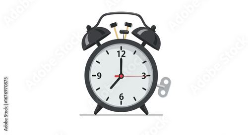 Vintage Alarm Clock Illustration, Classic Timepiece Design with Bell and Winding Key, Isolated on White Background, Showing Seven O'clock