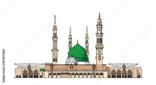 Illustrated rendition of the Prophet's Mosque in Medina, showcasing architectural details and serene ambiance with minarets and green dome in