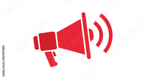 Red megaphone icon emitting sound waves symbolizing announcements and communications for urgent alerts or community outreach campaigns, isolated on