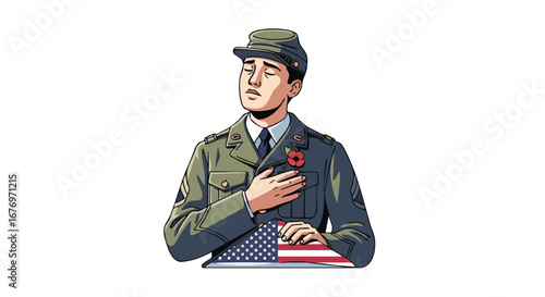 Solemn soldier honors nation with hand over heart by flag, showing patriotism and service in commemoration, paying respects to fallen comrades on