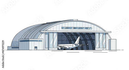 Illustration of a modern airport hangar with an airplane inside for maintenance and storage showcasing contemporary architecture design