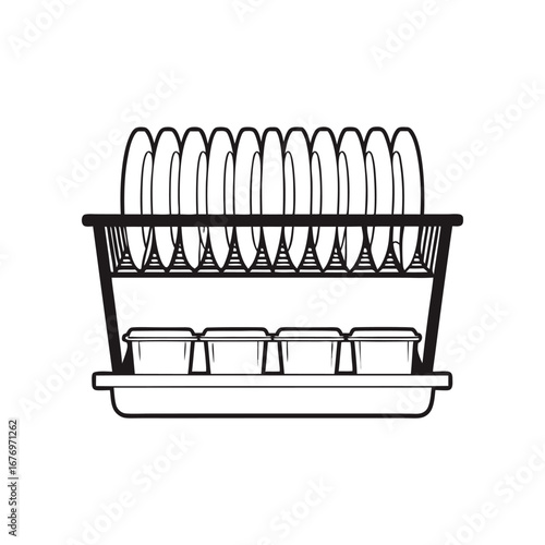 Clean Dishes Drying Rack : A modern dish drying rack is filled with neatly arranged clean plates, showcasing a symbol of cleanliness.