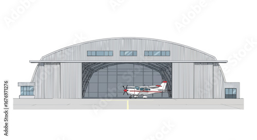 Aircraft hangar perspective illustration featuring a small airplane within a corrugated metal structure, symbolizing aviation infrastructure