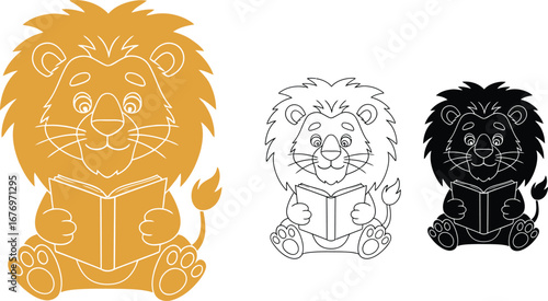 Lion reading book cartoon illustration vector design art