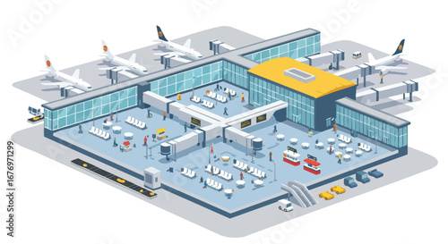 Isometric airport terminal illustration showcasing modern design and seamless travel experiences, with planes ready for departure at the gates