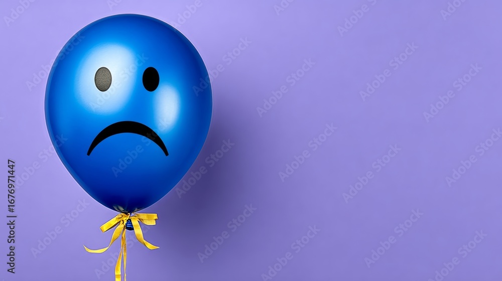 Naklejka premium Blue balloon with a frowning face on it. The balloon is tied with a yellow ribbon