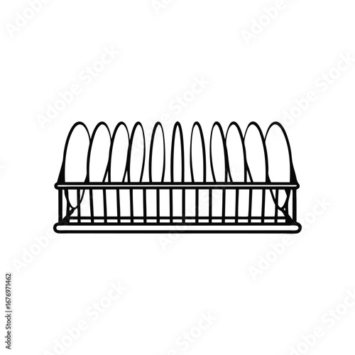 Dish Rack Silhouette: A minimalist illustration of a dish rack, meticulously holding plates, conveying a sense of organized domesticity.