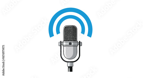Vintage microphone illustration with broadcast waves, a classic emblem for audio recording and communication in a digital world communication design