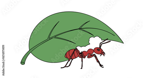 Ant carrying a leaf with a bitten part, illustration showcasing insect strength and foliage consumption, ideal for educational or nature-themed