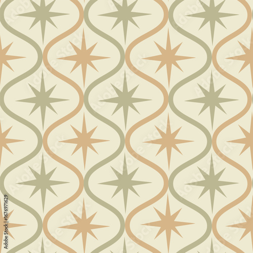 Mid century modern sage green and tan atomic starbursts on retro ogee shapes seamless pattern on beige background . For wallpaper, home décor, wrapping paper and fabric