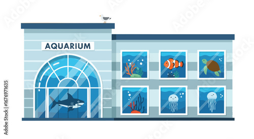 Vibrant aquarium showcasing diverse marine life, designed with a cartoonish touch and inviting architecture making it attractive to all ages