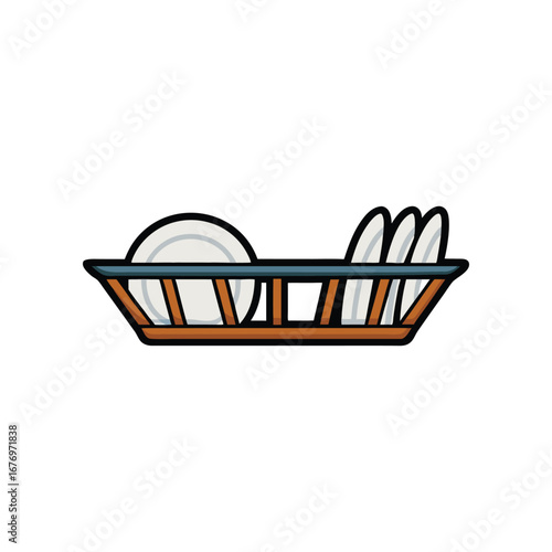 Dish Rack Illustration: A clean and organized dish rack, showcasing pristine plates, representing domesticity and order, captured through simple, flat design, perfect for various design applications.