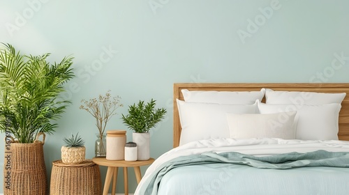A serene and inviting minimalist bedroom with clean white walls natural wood accents and potted plants for a tranquil nature inspired atmosphere