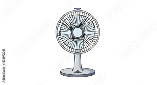 Illustration of a tabletop fan with a circular guard for air cooling and ventilation appliance, ideal for a summer day or heatwave relief application