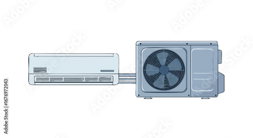 Illustration of a residential air conditioning system featuring both internal and external units for cooling and heating residential spaces