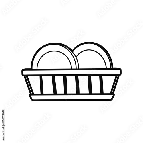 Dishes in the basket: Line art of clean plates and basket, ready for a fresh start in a graphic representation.