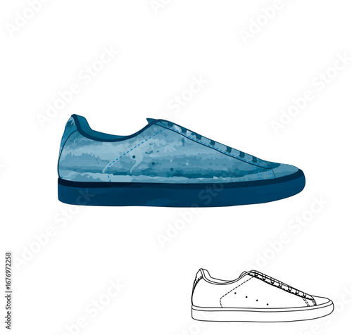 Vector Blue sneaker watercolor illustration with Outline Stroke sketch