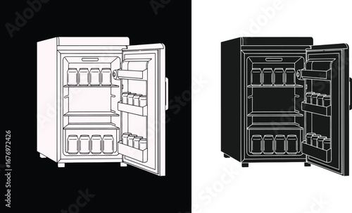 Mini fridge with cans illustration vector open door design