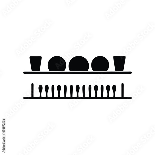 Kitchen Utensil: Monochrome art featuring orderly dishes and cutlery, arranged for a neat culinary scene. 