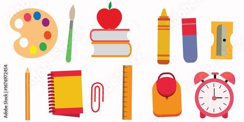 Set of 12 school supplies vector icons flat isolated. For school projects, clip art, stickers and stationery