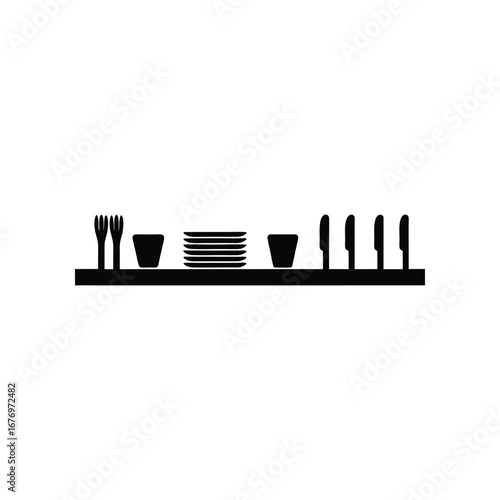 Minimalist Tableware Silhouette: A neat arrangement of tableware, including forks, plates, knives, and cups, presents a study in form, line, and elegant simplicity.