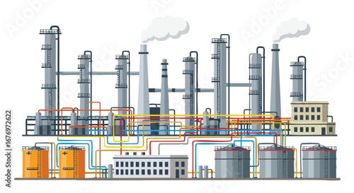 Detailed petrochemical plant with interconnected pipelines and industrial tanks in a flat design style