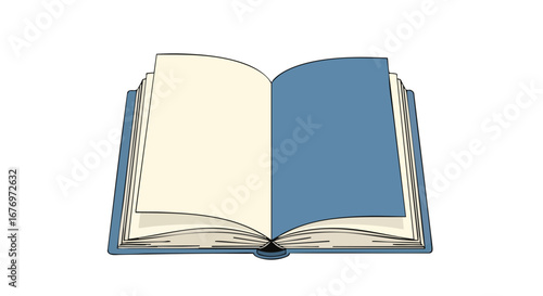 Depiction of a book opened displaying crisp blank pages inside a blue cover providing space to add your texts and stories in digital designs