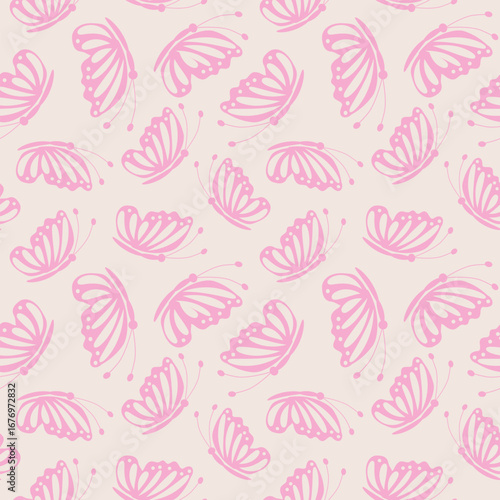 Cute scattered pink butterflies silhouette on light cream background seamless pattern. For Nursery wallpaper, girl room decoration and fabric