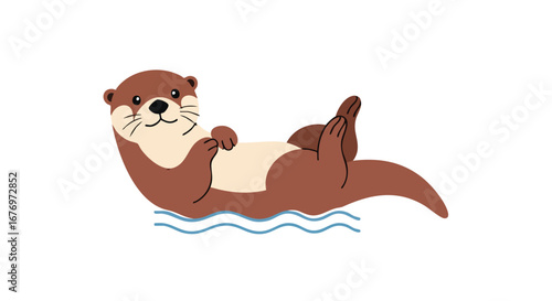 Cartoon otter enjoying the river, lying on its back in the water vector illustration