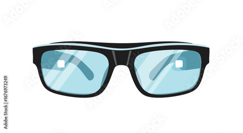 Illustration of eyeglasses with a black frame and blue lenses reflecting light on a bright white background