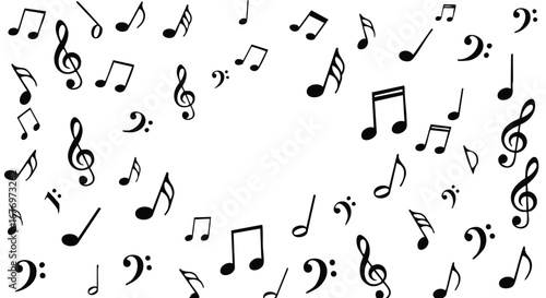 Harmonic Array: A Symphony of Musical Notes Dancing Across a White Canvas with Artistic Expression